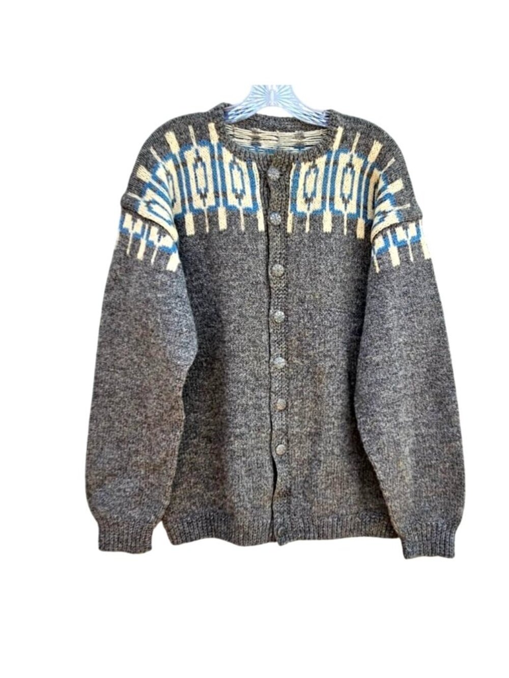 Vintage Hand Knit Nordic Wool Cardigan Gray Geometric Unisex XL